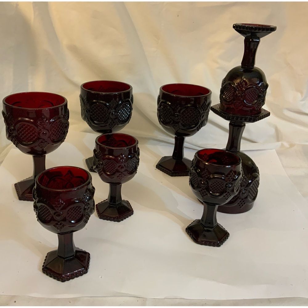 Vintage Avon Cape Cod 1876 Ruby Red Footed Cordial Glasses Goblets Set of 8 A1
